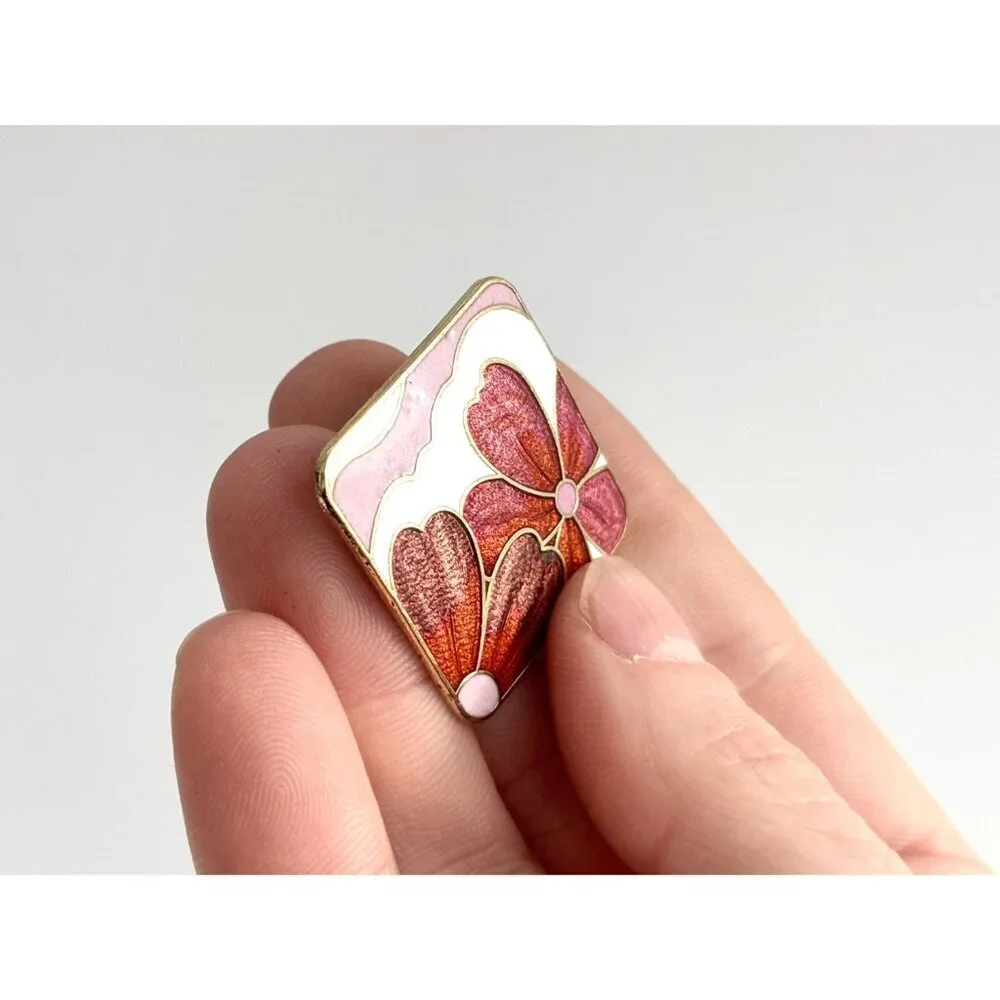 Enameled  Pink & Orange Gold Toned Floral Vintage Costume Jewelry Brooch